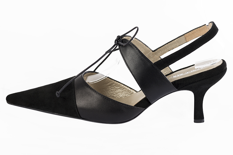 Matt black women's open back shoes, with an instep strap. Pointed toe. High slim heel. Profile view - Florence KOOIJMAN